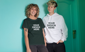 Happy couple t-shirt and hoodie mockup