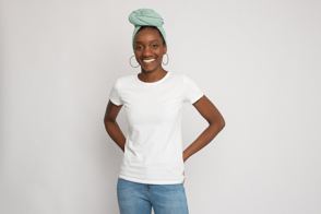 African American woman in a white t-shirt mockup