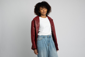 Black girl with red jacket and t-shirt mockup