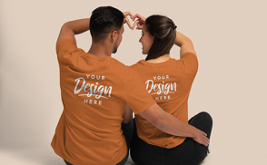 Couple sitting backwards t-shirt mockup