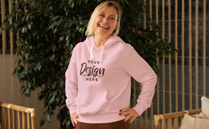 Blonde woman laughing hoodie mockup