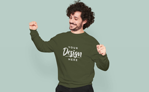 Happy man with curls and sweatshirt mockup