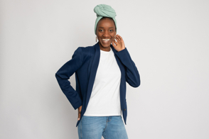 Black woman in jacket and t-shirt mockup