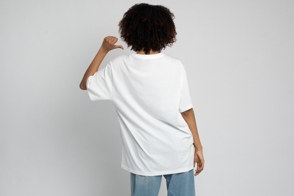 Black woman backwards with oversized t-shirt mockup