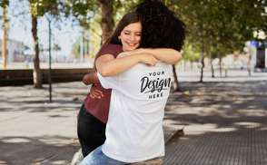 Couple hug outside t-shirt mockup