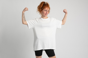 Strong redhead woman in t-shirt mockup