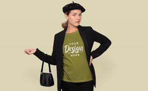 Woman with beret purse and t-shirt mockup