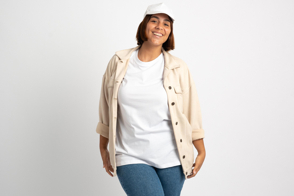 Plus size woman in casual jacket and t-shirt mockup