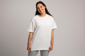 Hispanic woman showcasing a t-shirt mockup