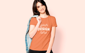 woman with jacket t-shirt mockup