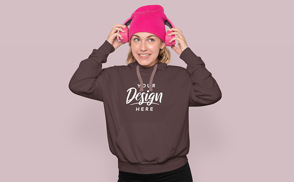 Woman in beanie hat and hoodie mockup