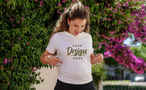 Happy pregnant woman in garden t-shirt mockup