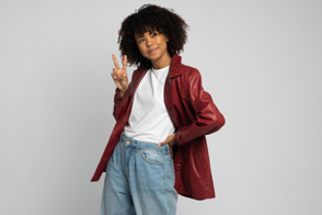 Black girl with nice red jacket and t-shirt mockup