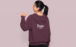 Female model in ponytail and hoodie mockup