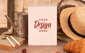 Notebook with wicker hat mockup