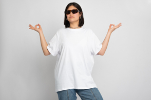 Asian girl in sunglasses and t-shirt mockup