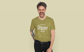 Man laughing in casual pose and t-shirt mockup