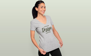 Woman in grey v-neck t-shirt mockup