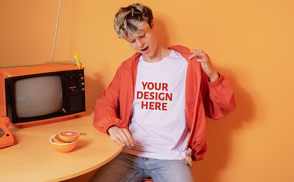 Man with orange jacket and tv t-shirt mockup