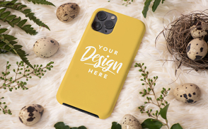 Easter eggs and leaves phone case mockup