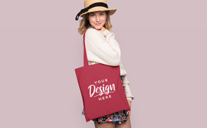 Girl with hat and tote bag mockup