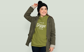 Teen girl with hat and hoodie mockup