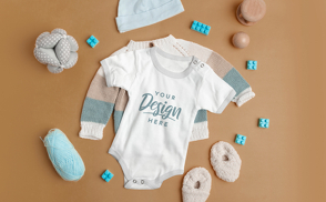 Baby onesie with knitted clothing mockup