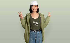 Asian girl in coat and tank top mockup
