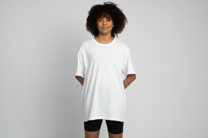 Black woman with afro in shorts and t-shirt mockup