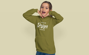 Happy child girl in hoodie mockup