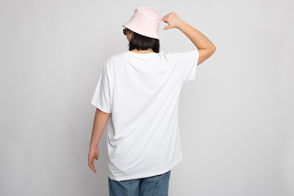 Asian girl backwards with hat and t-shirt mockup