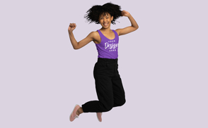 Black woman jumping with tank top mockup