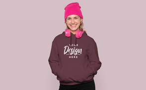 Woman with hat and headphones hoodie mockup