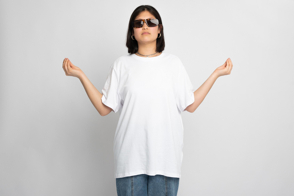 Asian female in sunglasses and t-shirt mockup