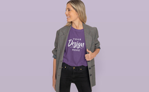 Blonde woman in grey blazer t-shirt mockup