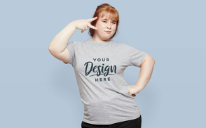 Girl posing with finger gesture t-shirt mockup