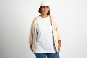 Plus size woman in casual clothes and t-shirt mockup