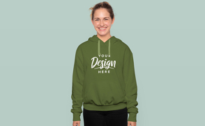 Happy blonde woman smiling in hoodie mockup