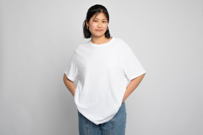 Asian woman in oversized t-shirt mockup