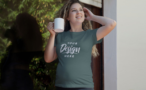 Pregnant woman with mug and t-shirt mockup