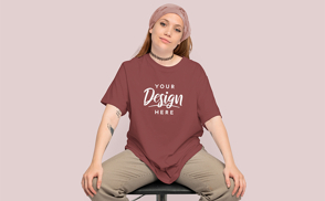 Girl sitting with bandana t-shirt mockup | Start Editing Online
