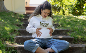 Pregnant woman in stairs hoodie mockup