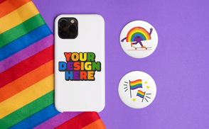 Phone case and pins pride mockup