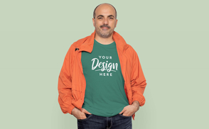 Older man in orange jacket and t-shirt mockup