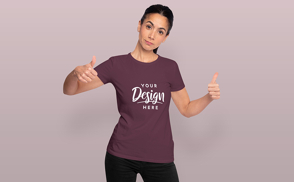 Woman thumbs-up in t-shirt mockup