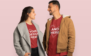 Man and woman with jackets t-shirt mockup