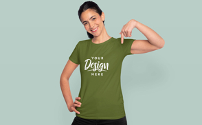 Girl in ponytail smiling in t-shirt mockup