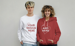 Happy couple in sweatshirt and hoodie mockup