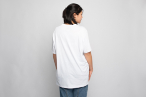 Asian girl backwards in oversized t-shirt mockup