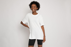 Black woman in black shorts and t-shirt mockup